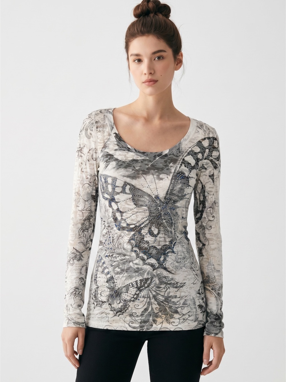Vintage Y2K Fairycore Long-Sleeve Butterfly Print Top Burn-out witchy edge